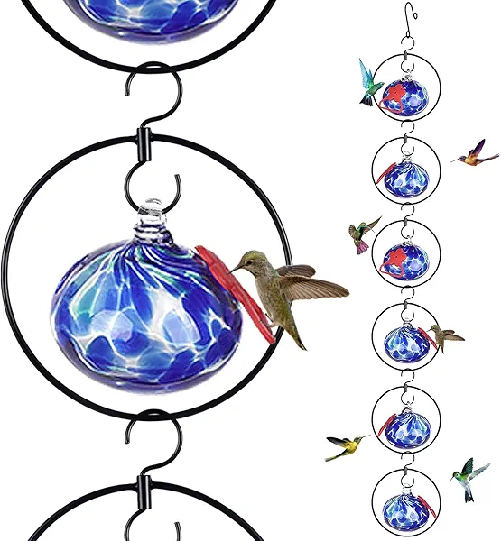 Headak Life Flexible 6 Pack Hummingbird feeders for Outdoors Hanging Ant and Bee Proof,Detachable Hand Blown Glass Hummingbird Feeder with 6 Adjustable Silicone Perch(Dotted Blue)