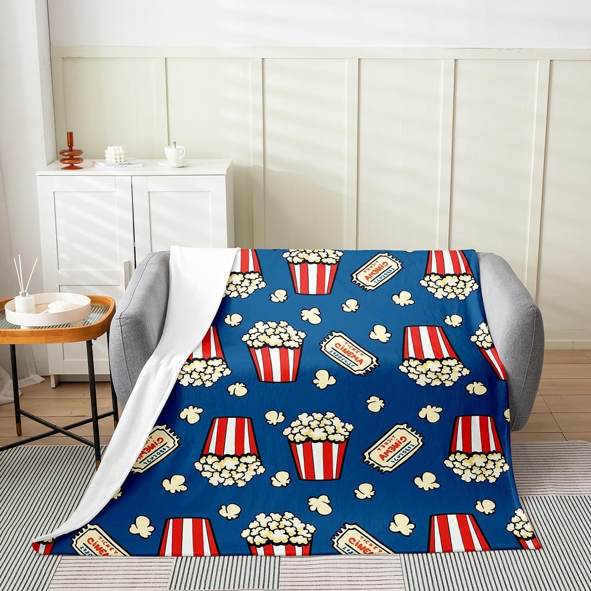 Feelyou Popcorn All Season,Bed Blanket Cinema Poster Plush Throw Blanket, for Kids Boys Girls Teens Decor Movie Theater Food Flannel Fleece Blanket Old Fashion Home Decor Blue Queen 90"x90"