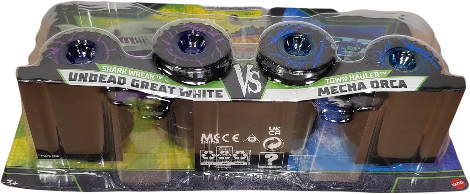 Metal Hotwheels Monster Trucks Roarin Rumble 1:64 Scale Double Pack, Shark Wreak Undead Great White VS Town Hauler Mecha Orca, Multicolor