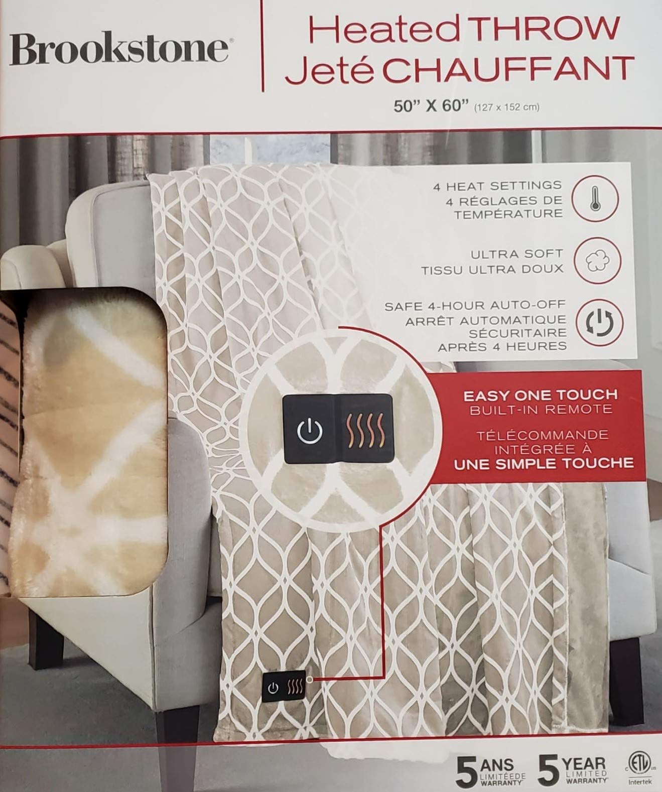 Brookstone Luxurious Electric Heated Throw 4-Heat Settings Easy One Touch  Built-in Remote (Deluxe Creamy and White Patterns)… : Amazon.ca: Home