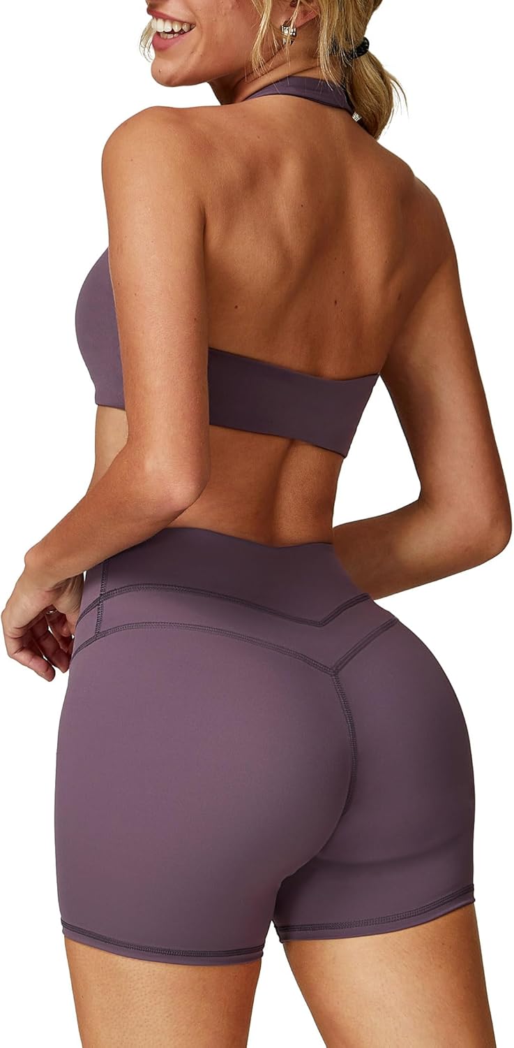 ABOCIW Workout Sets for Women 2 Piece V Neck Twist Back Sports Bra High Waist Biker Shorts Yoga Outfits