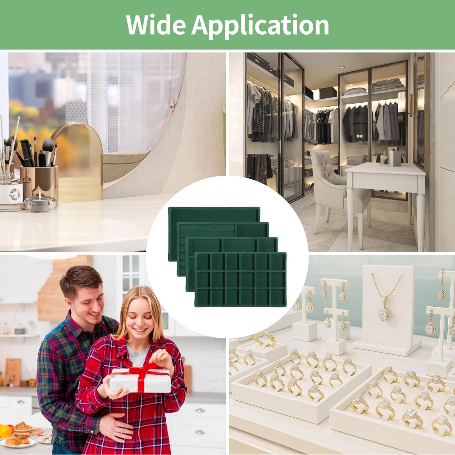 Homaisson Jewelry Organizer for Drawer, Velvet Jewelry Tray, Multiple Compartment Layout, Set of 4 Jewelry Organizer for Rings, Earrings, Bracelets, Necklaces (Green) - Image 6