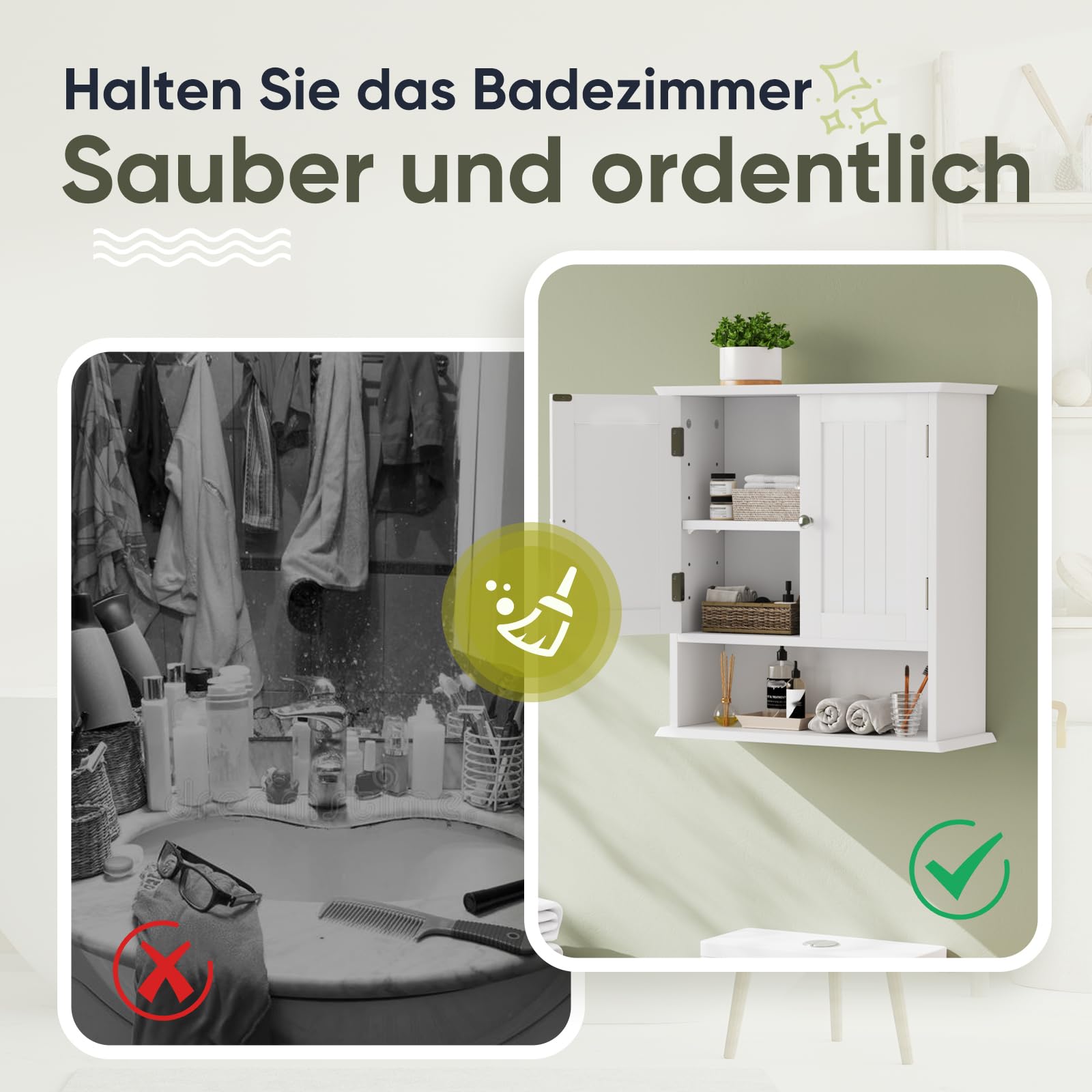 Smuxee Weißer Badezimmerkabinett Wandmontage mit 2 Türen & 5 verstellbaren Regalen, Medizinschrank für Engen Raum, Over-the-Toiletten-Schrank für Badezimmer/Waschküche/Küche