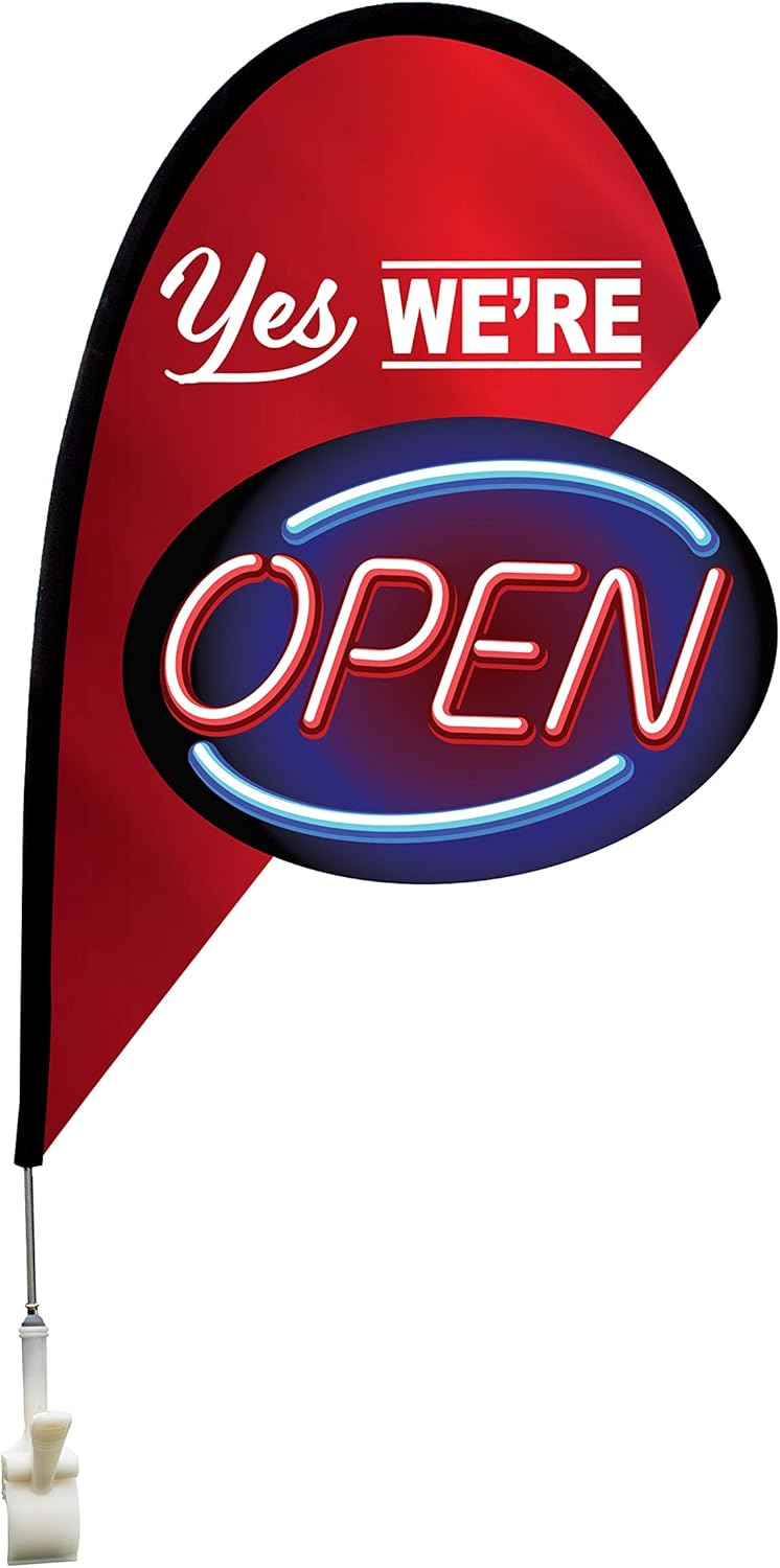 CarBowz Open Flags for Business - Heavy Duty Double Sewn Edges and Fade Resistant - Unique Cut Out Design - Complete Kit (We're Open)