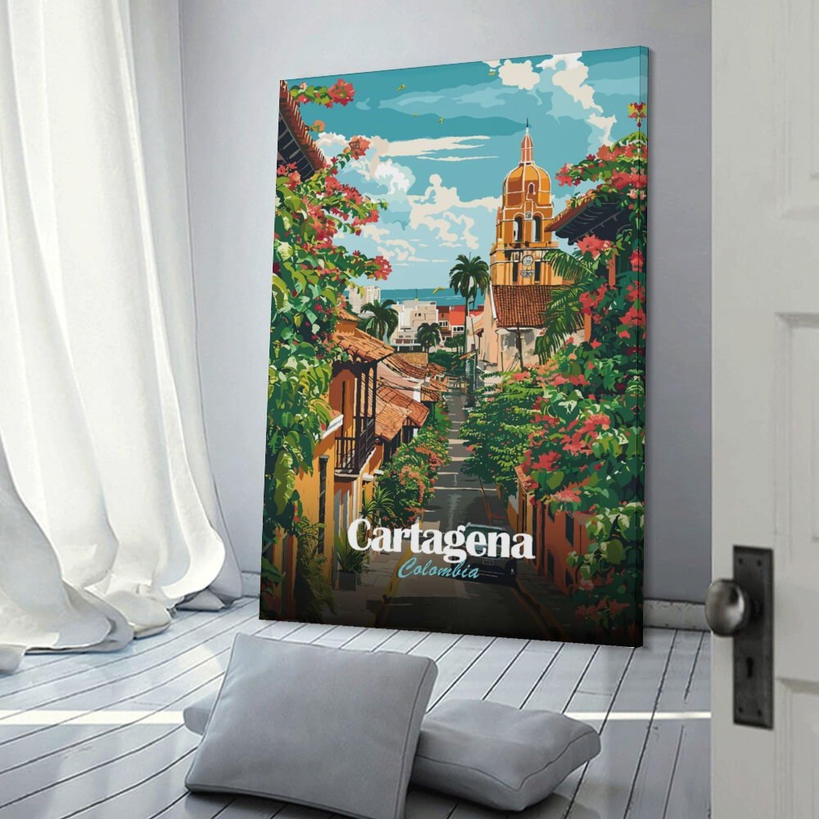 Junmoney Cartagena, Colombia Street View Illustration Canvas Art Print 16x24inch(40x60cm), for Entrance Spaces, Stair Walls Or Halls, Wall Decor to Refresh Empty Corners