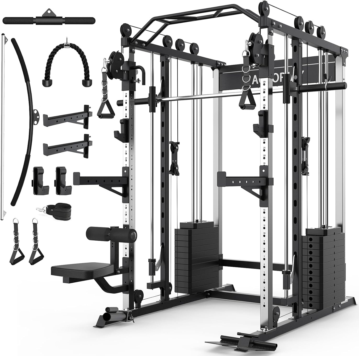 Smith Machine Strength Training Squat Rack with Smith Bar, Power Cage with LAT Pull-Down Systems, Cable Crossover Machine for Home Gym