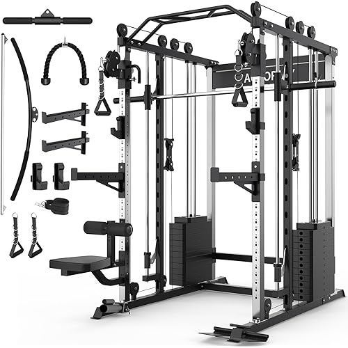 Smith Machine Strength Training Squat Rack with Smith Bar, Power Cage with LAT Pull-Down Systems, Cable Crossover Machine for Home Gym