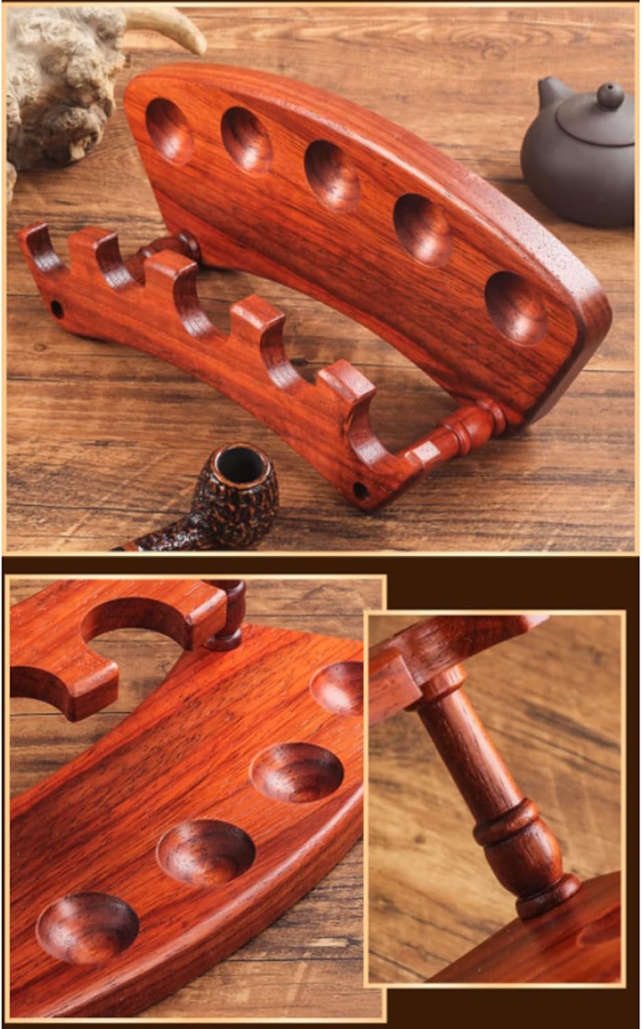 Tobacco Pipe Stand Holder for 5 Smoking Pipes, Wood Pipe Rack Display 5 Slots Design