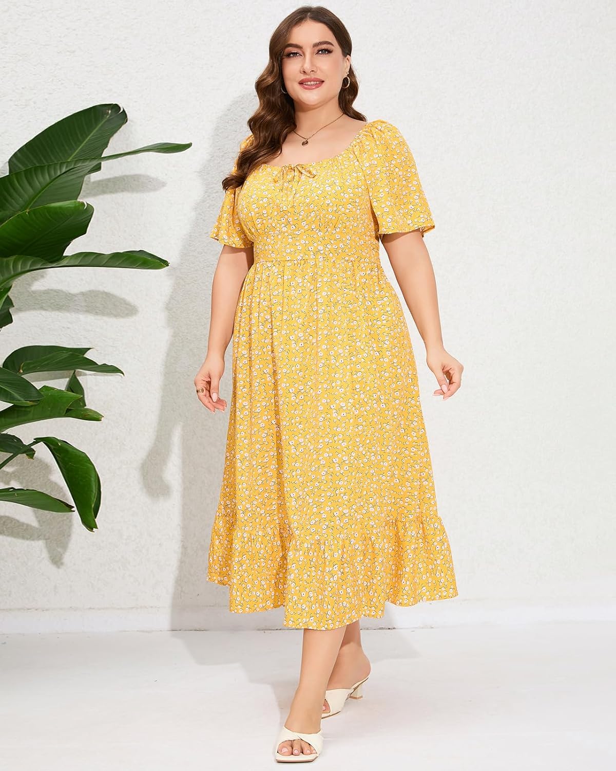 ShopWonder Womens Plus Size Square Neck Floral Print Summer Dress Ruffle Short Sleeve Tie Front Slit Hem Boho Maxi Dress - Image 3