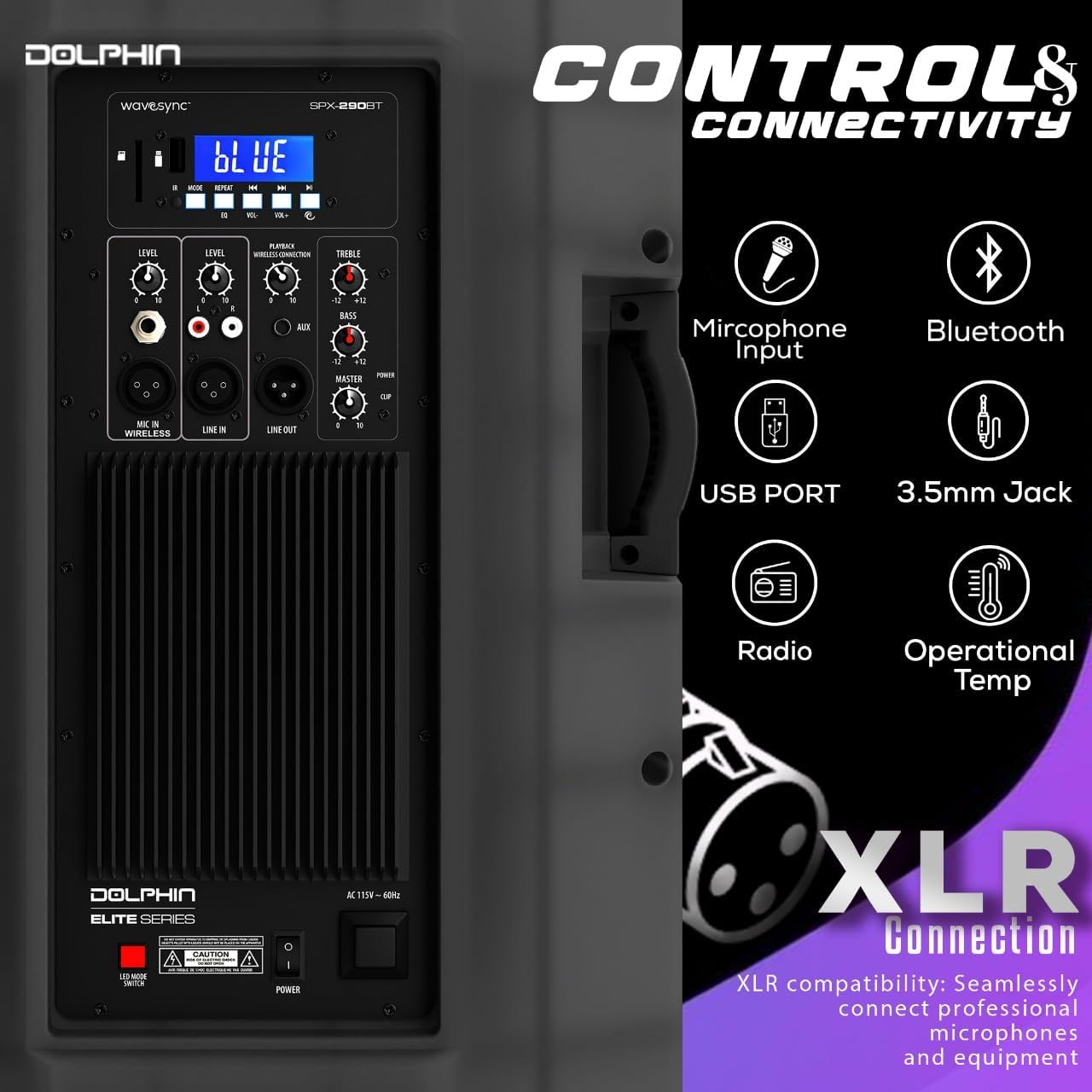 Dolphin Elite 290 Bluetooth Party Speaker – Dual 15" Big Speaker with Wireless Microphone, XLR Input, 200W RMS, Translucent Cabinet, Deep Bass, LED Light Show, High Clarity Sound, DJ & Karaoke Ready