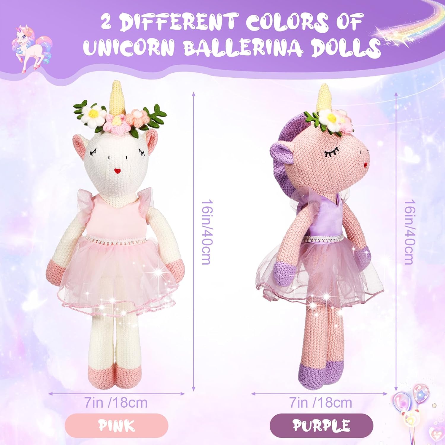 Meooeck 2 Pcs 16 Inch Unicorn Stuffed Animals Plush Ballerina Doll Soft Unicorn Cute Ballerina Toys Ballet Stuffed Animals Toys Decorations Wedding Birthday Gift for Girls, 2 Colors