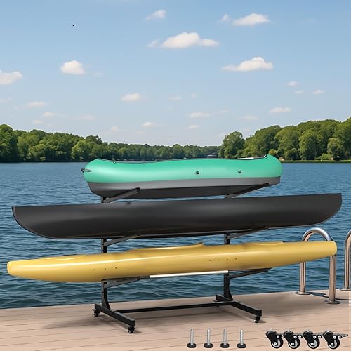 Heavy-Duty 3/4-Layer Kayak Rack, Freestanding Kayak Storage Rack w/Swappable Wheels & Feet, Adjustable Kayak Stand for Outdoor and Indoor, Premium Canoe and Kayak Holder