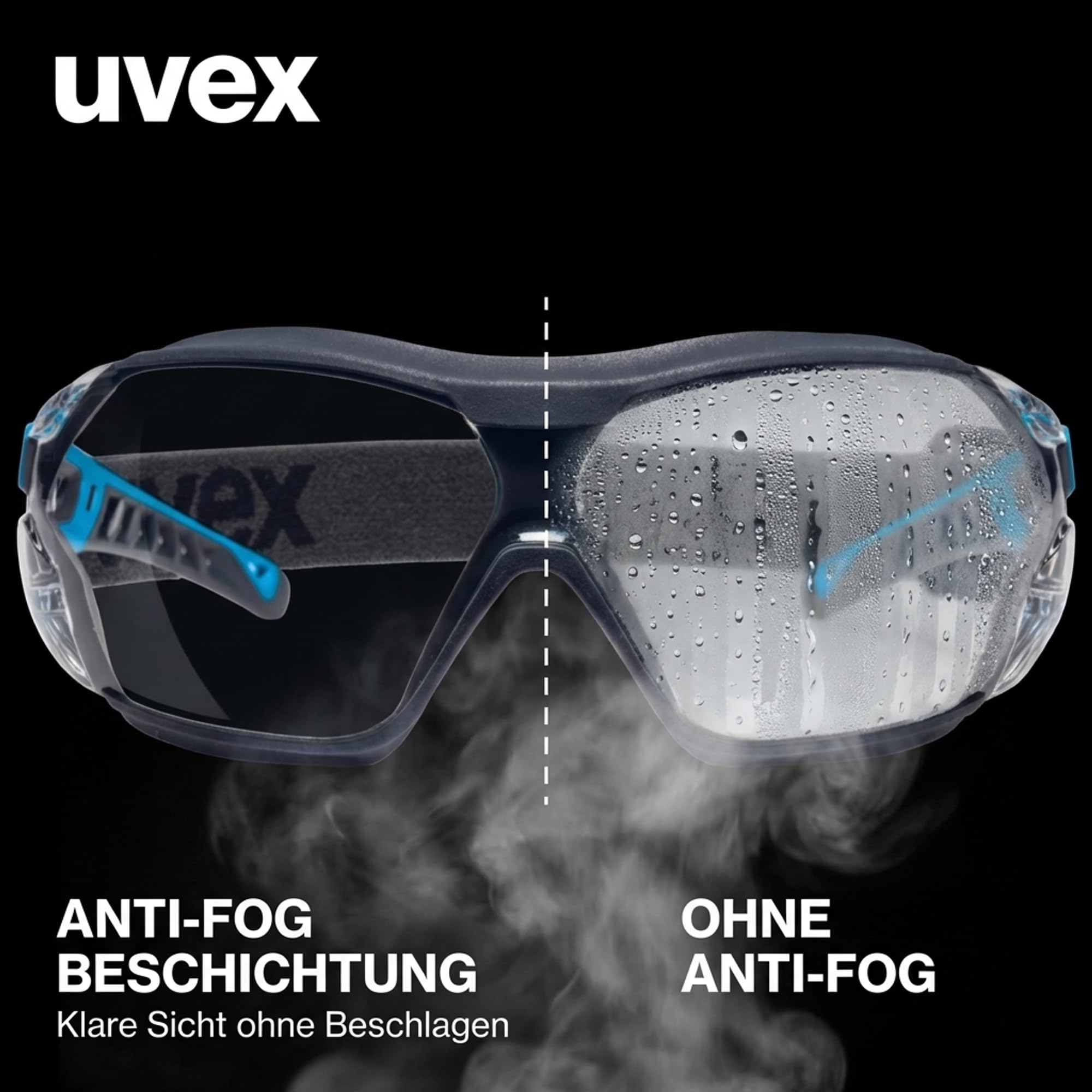 Uvex pheos nxt guard Gafas de seguridad con protección UV 100%, sin condensación, exteriores extremadamente resistentes a los arañazos y sin metales, con diadema, transparente, azul/antracita