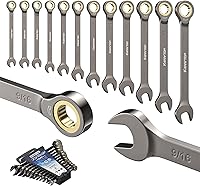 Vista 1 de Juego de llaves de trinquete de 12 piezas (SAE), juego de llaves combinadas de trinquete de 72 dientes con estante organizador, acero Cr-V, 1/4-7/8