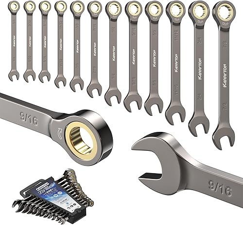 Juego de llaves de trinquete de 12 piezas (SAE), juego de llaves combinadas de trinquete de 72 dientes con estante organizador, acero Cr-V, 14-78