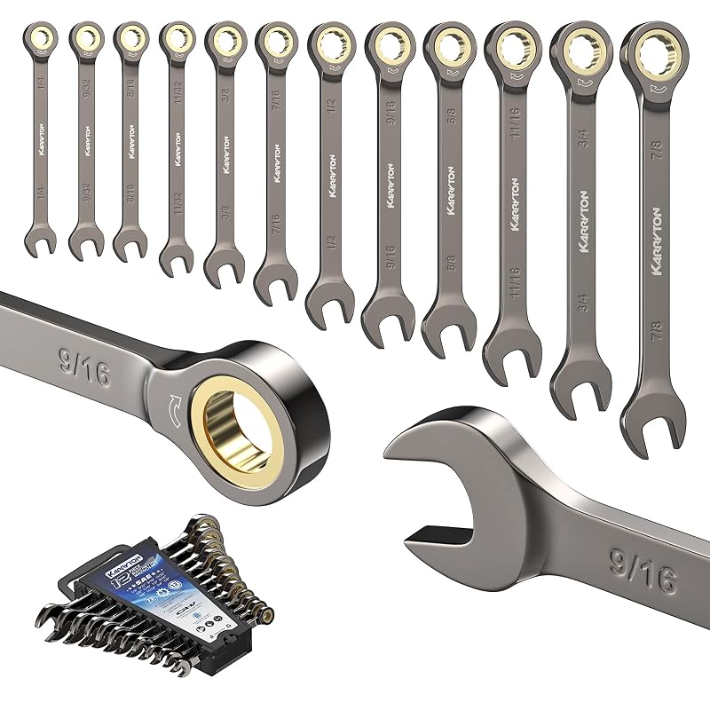 Jogo de Chaves Combinadas com Catraca KARRYTON, Cabeça Fixa, SAE 1/4"–7/8" (6,35–22,23 mm), 12 peças