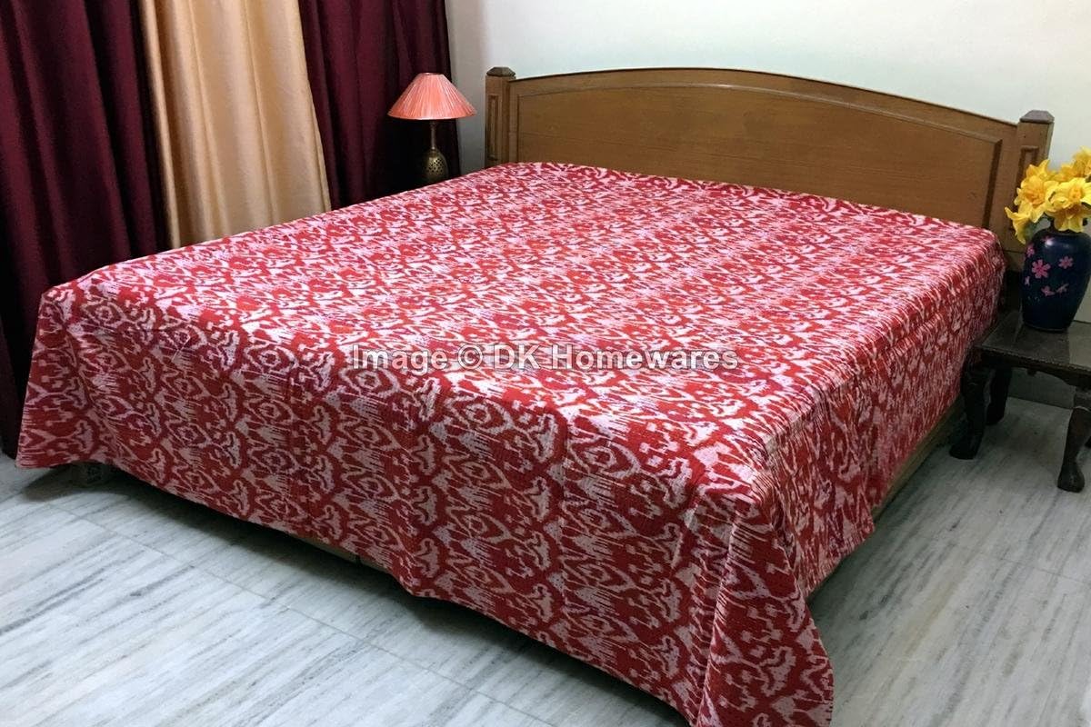 Indian Bohemian Red Queen Size Kanta Quilt Cristmas Gift Cotton Kantha Work Ikat Printed Hand Stitched (108 x 90) -Set of 1 Coverlet Bedspread