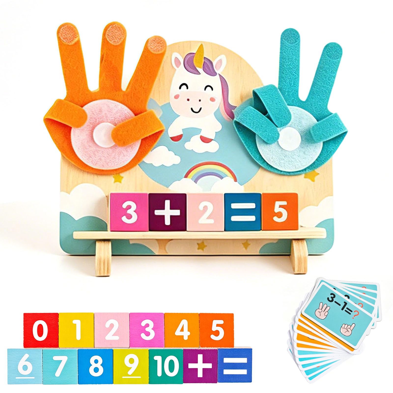 DQMOON Unicorn Gifts for Girls, Montessori Wooden Math Toys for 4 5 6 Year Old, Finger Counting Math Board with Number Blocks & Equation Cards, Preschool Learning Toys, Birthday Gifts Stocking Fillers