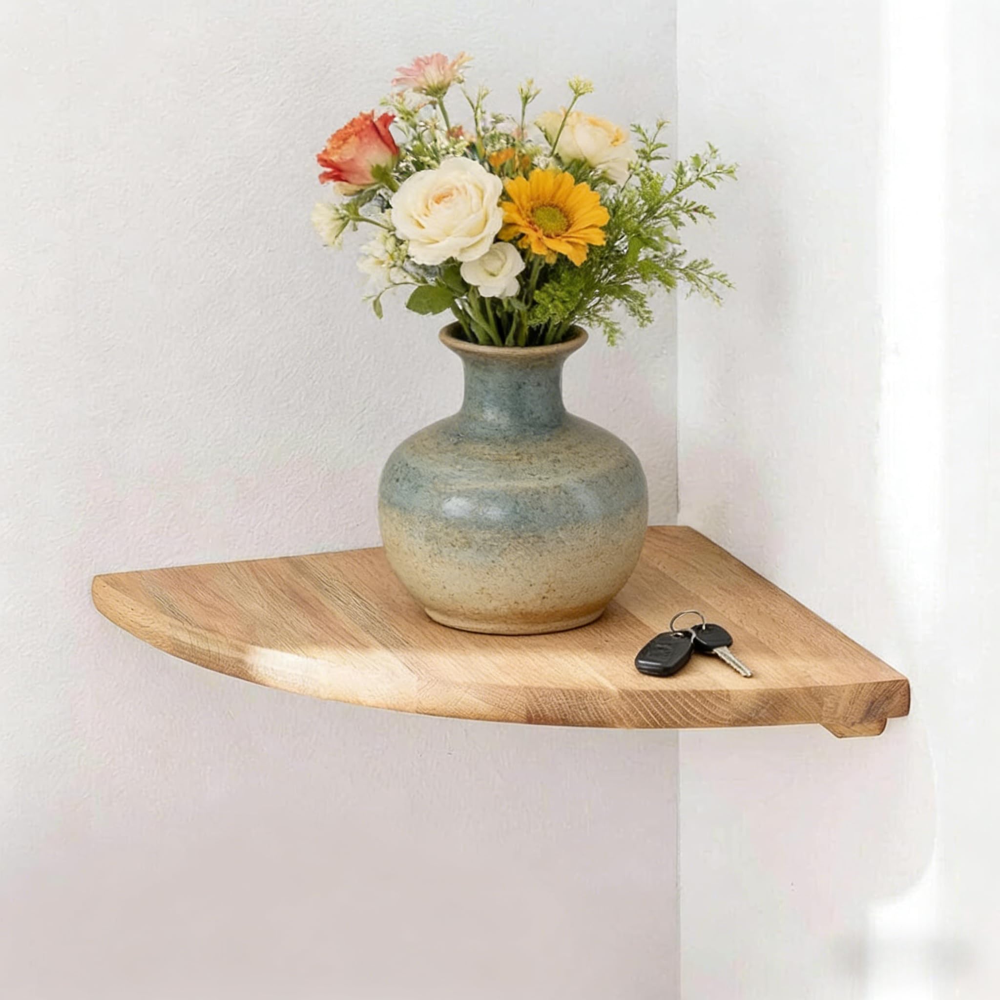 XQLY 1 Pcs Solid Pine Corner Shelf, Floating Corner Shelf Wall Mounted for Bathroom Kitchen, Round End Corner Storage Shelf with Wire Hole for Plants, Photo Frames, Speakers (1)