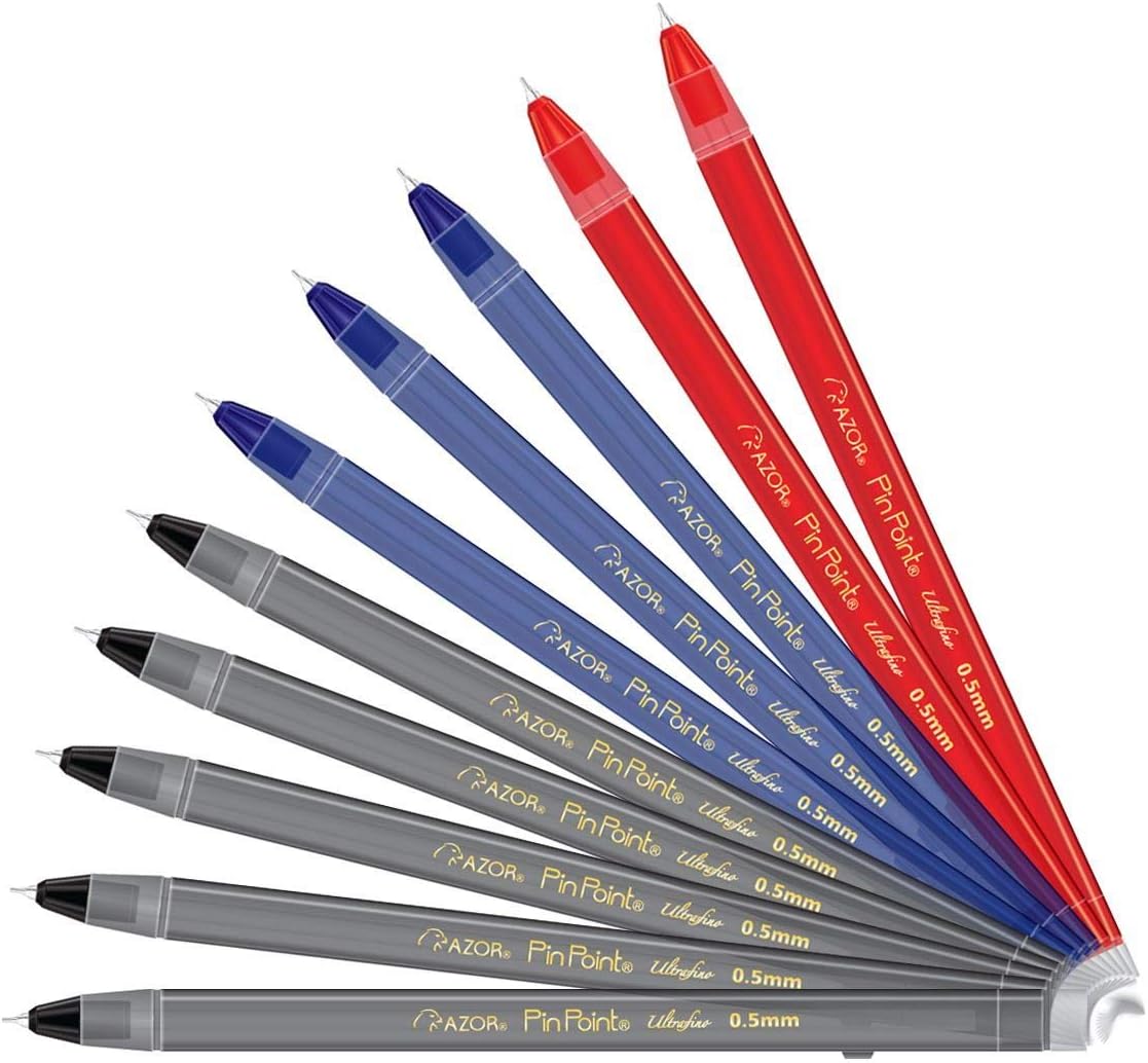 Pin Point Needle Extra Fine Point Writing Pens 0.5mm Ballpoint Pens Assorted – (10 Pack: 5 Black, 3 Blue, 2 Red)