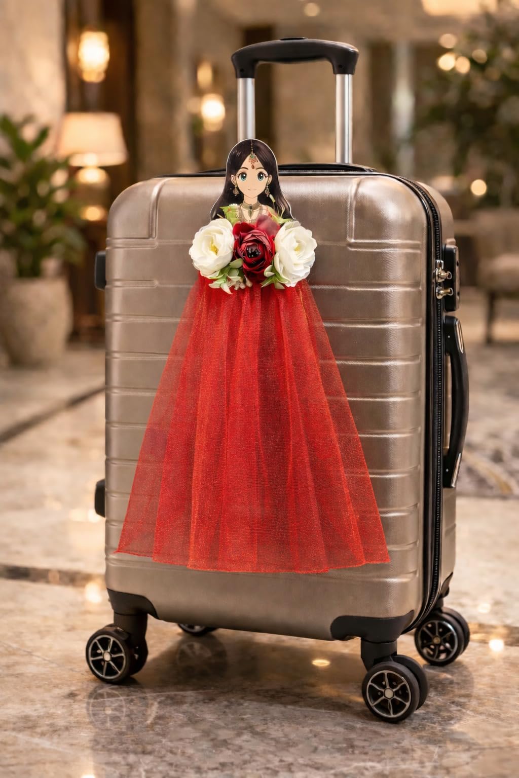 SATYAM KRAFT 2 Pcs Bride Gown Style Decorative Attachment for Small Bags | Net Gown Doll Design for Suitcase Decor, Trousseau Packing, Wedding Decor, Engagement & Gift Wrapping (Red)-image-36
