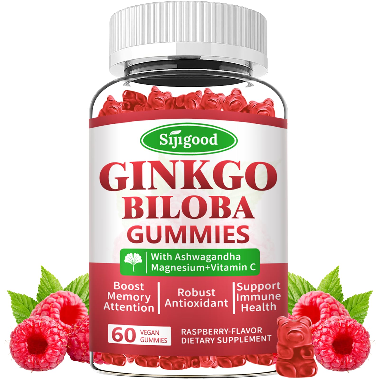 Ginkgo Biloba Gummies with Panax Ginseng and Magnesium, Ginkgo Biloba Supplements for Focus, Memory, and Brain Health for Adults & Kids, Vegan Raspberry Flavor Gummies, 60 Count 60 Count (Pack of 1)