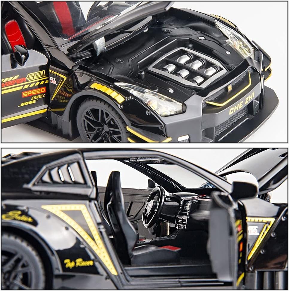 Image of 1 /24 Scale Compatible for Nissan GTR Model Car Toy, Zinc Alloy Pull Back Toy car with Sound and Light for Kids Boy Girl Gift (Black)