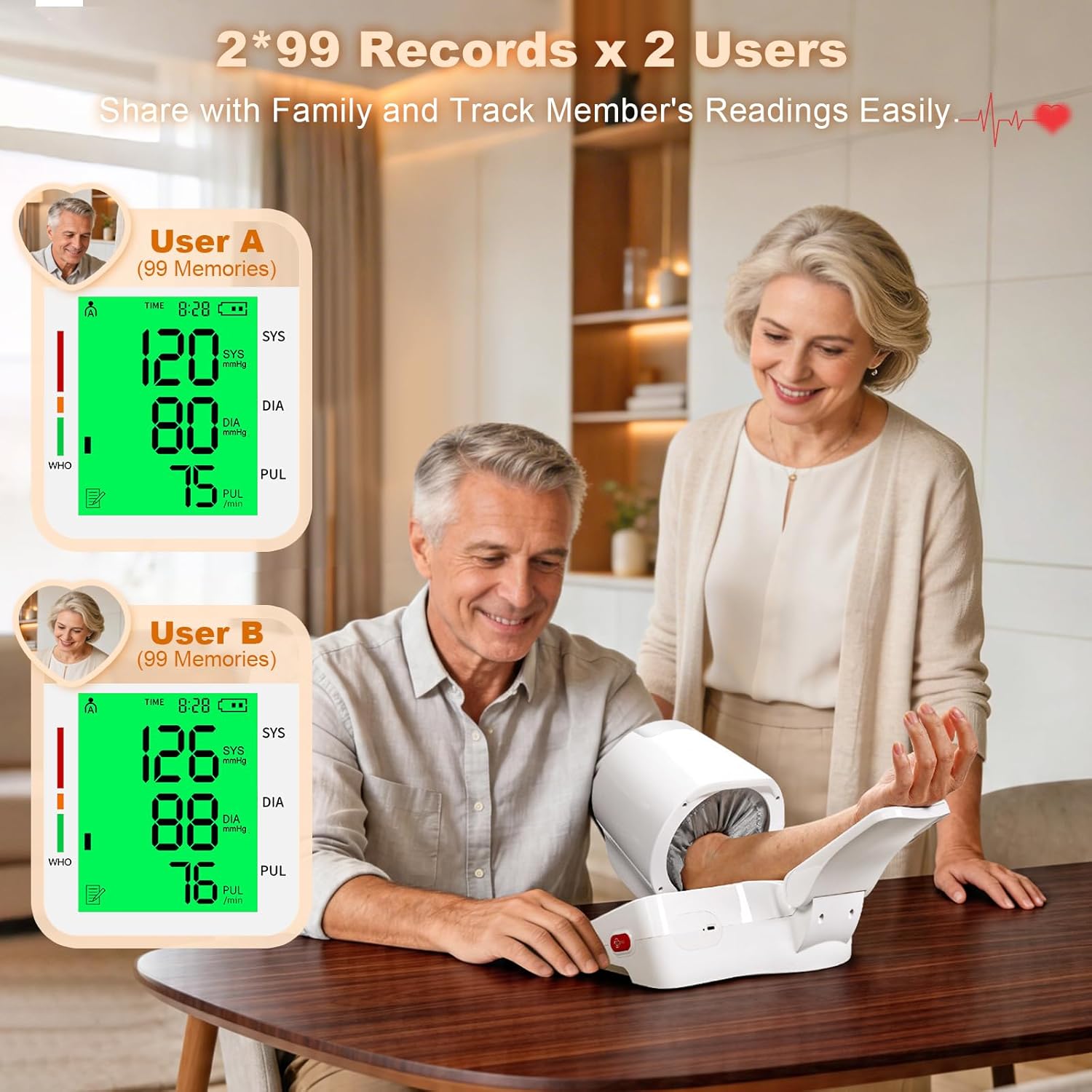 52HZ Barrel-Type Blood Pressure Monitor, One-Touch Upper Arm Blood Pressure Monitors for Home Use, Auto-Fit Wide Range 7.1"-16.5" Blood Pressure Machine, 3-Color Backlight, 2 Users 2×99 Memory