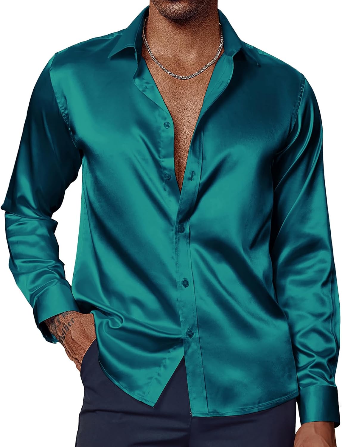 PJ PAUL JONES Men's Shiny Satin Dress Shirts Long Sleeve Button Down Silk Shirt with Bow Tie