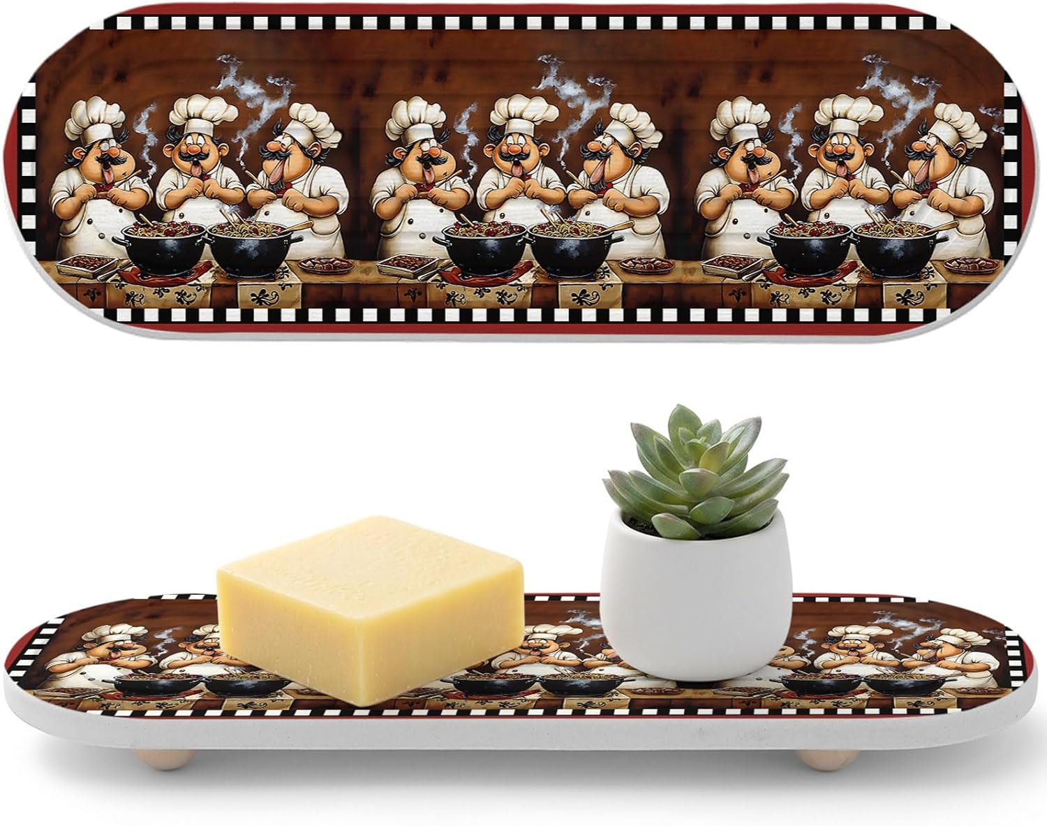 1 PCS Funny Chefs Diatomite Stone Sink Tray Chef Cooking Food Red Plaid Water Absorbing Diatomite Stone Tray for Bathroom Countertop, Kitchen Sink Organizer, Dispenser Sponge Holder, 12" x 6"