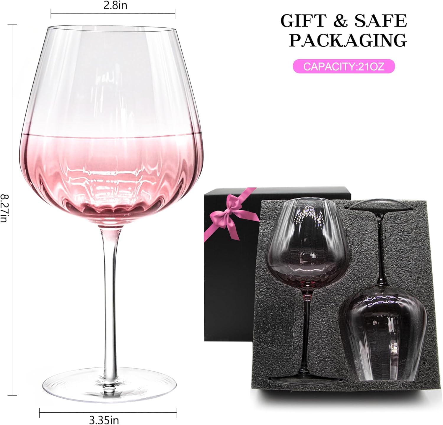 Pink Wine Glasses Set of 2, Birthday Gifts for Women, 21oz Large Wine Glasses, Colored Crystal Glassware, Unique Drinkware Gift for Friend, Mom, Wife, Wedding, Anniversary, Special Occasions - Image 2