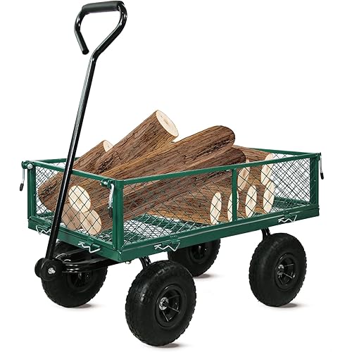 JXUFDHO Garden Carts and Wagons Heavy Duty, Utility Wagon with Wheels, Yard Carts Pullable w/Removable Sides,560LB Capacity, Green