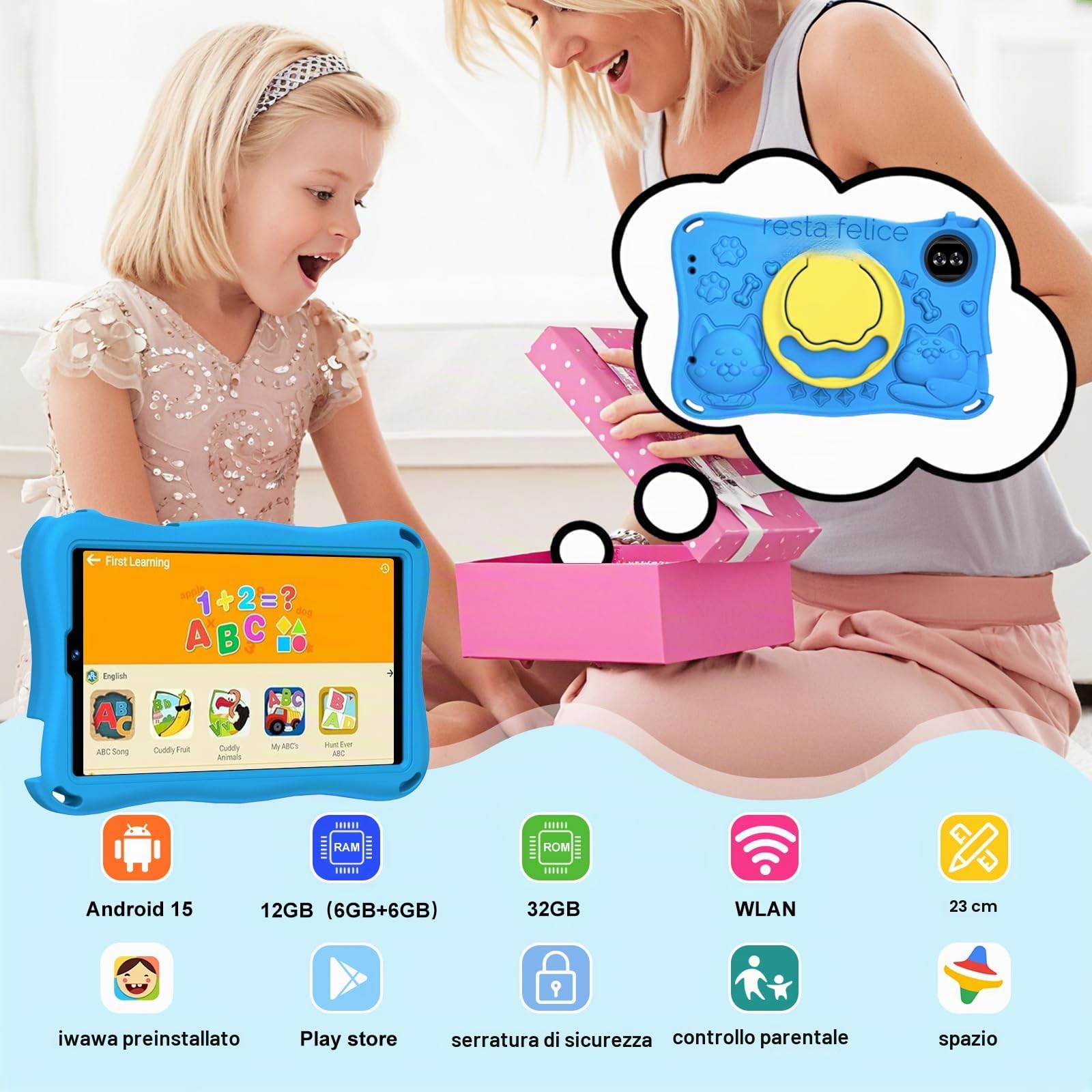 Tablet Android 15 Tablet 9 Pollici, 32GB ROM (TF 2TB), Octa-Core, Widevine L1, GMS, 5G+2.4G WiFi 6, 5 + 8 MP, 1340 * 800 Pixel, 5000mAh, Bluetooth 5.0, Control parentale, Eva - Blu