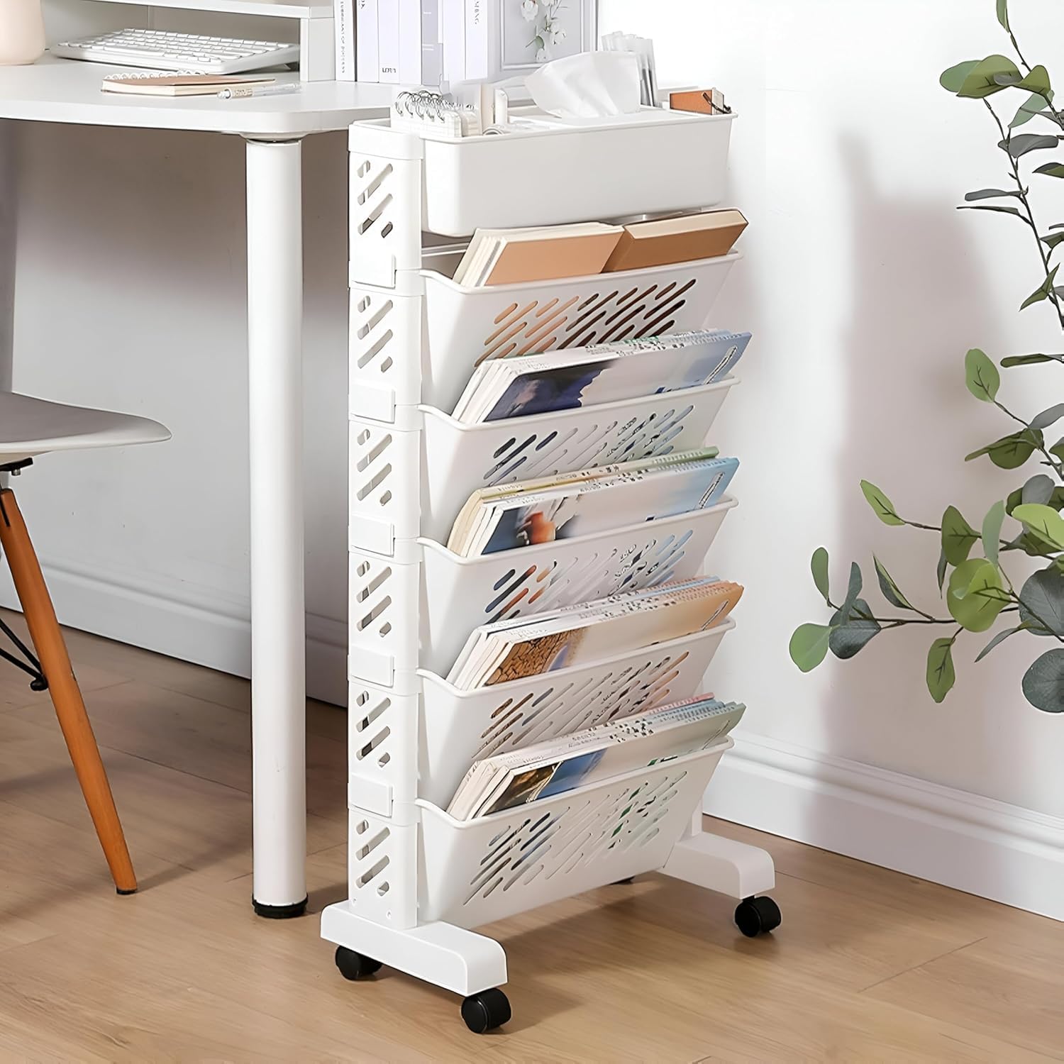 5 Layer Rotating Mobile Bookshelf Cart, White Plastic Rolling Storage Rack with Cup Holder | 360° Wheels, Large-Capacity Book Organizer for Home, Kids Study Room, Classroom & Offices (White)-image-28