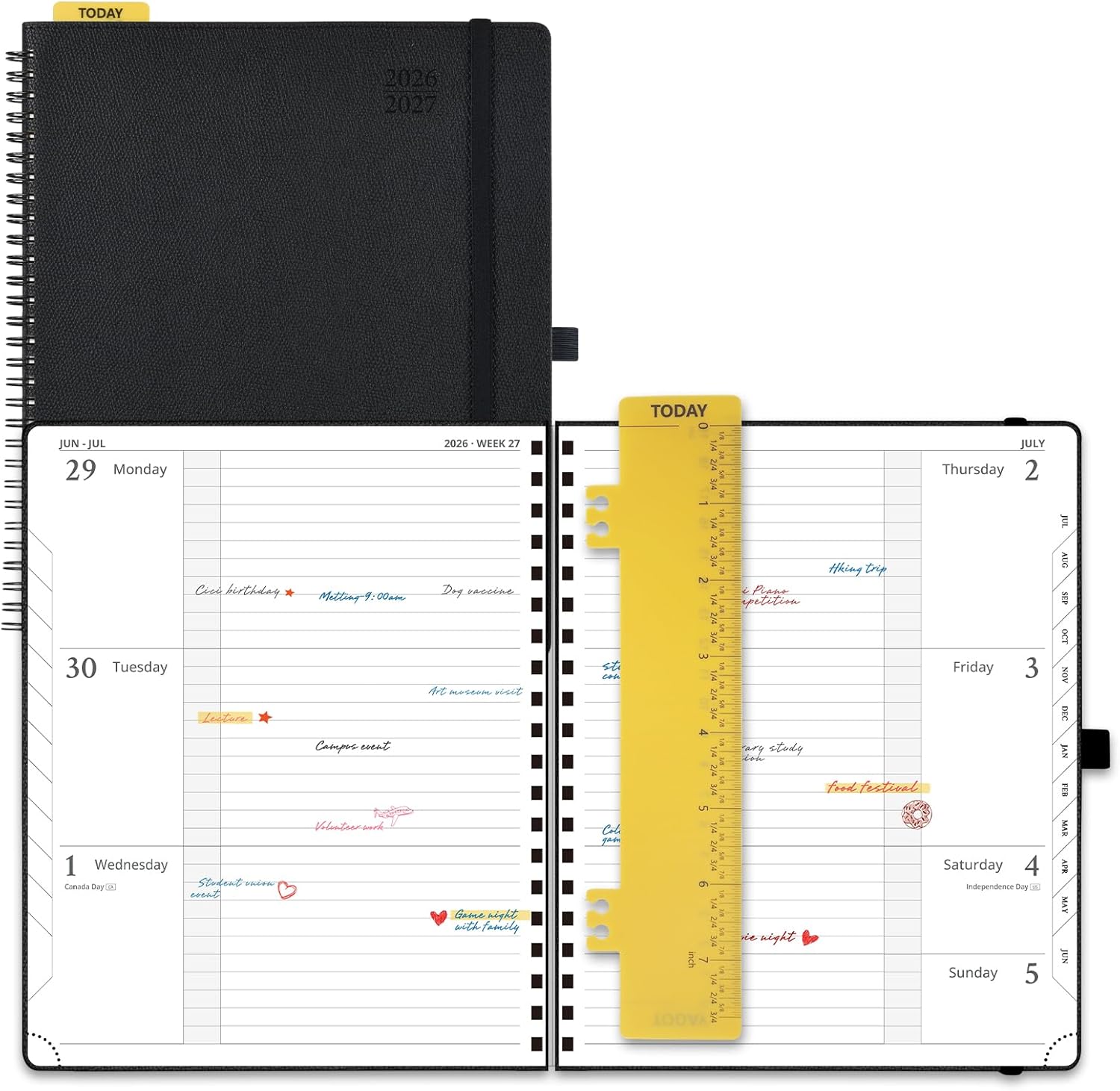 POPRUN 2026-2027 Academic Weekly Planner, Large 8.5" x 10.5" Horizontal Layout Calendar Agenda from July 2026 to June 2027, Softcover Appionment Book with Monthly Tabs, Spiral Bound, Inner-Pocket - Black