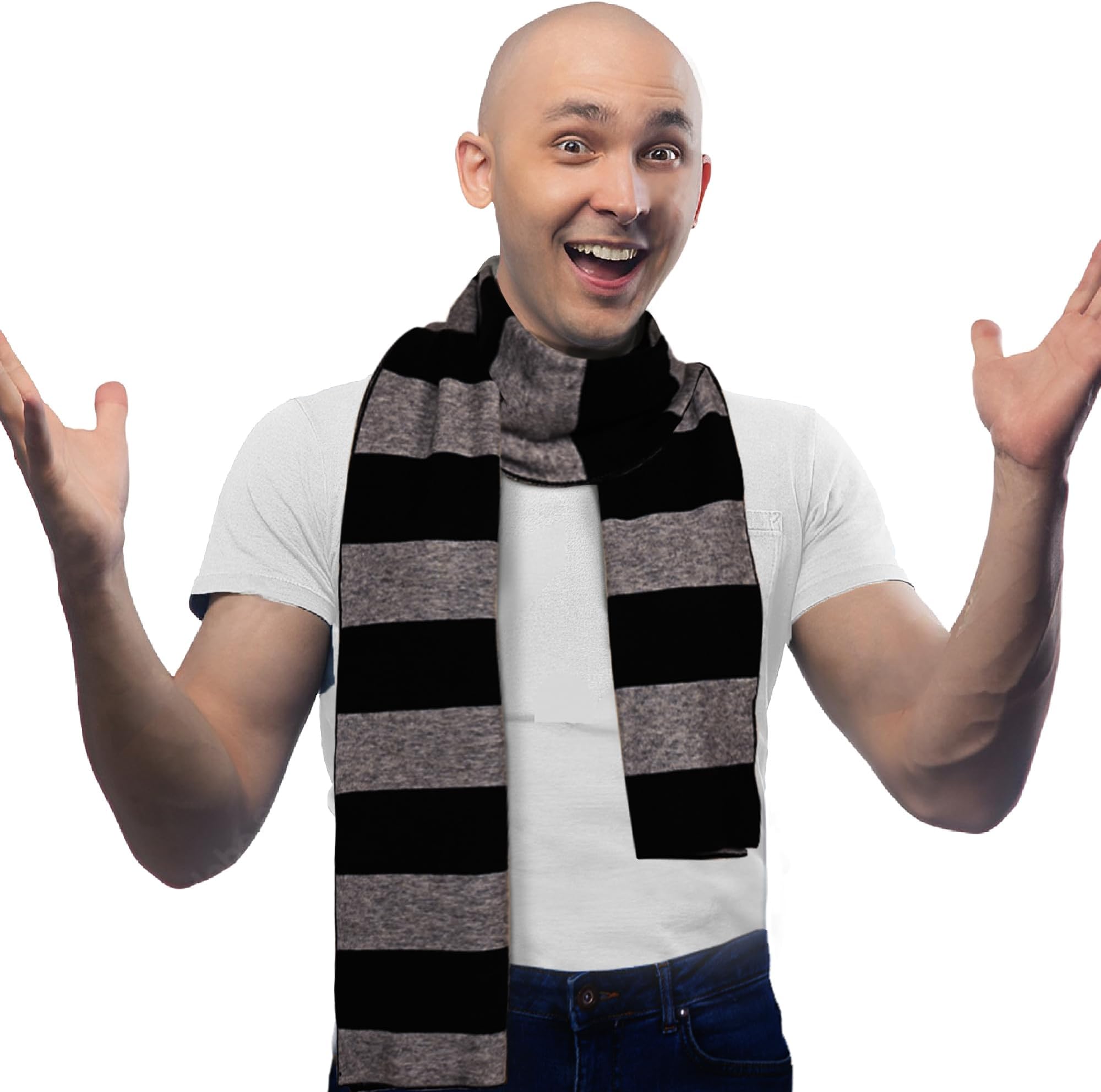 Mens Winter Cashmere Feel Knit Scarf, Classic Striped Scarves Long Fall Keep Warm Scarf Soft Shawl for Men Women, Black & Gray, One Size(73 x 11.5 inch)