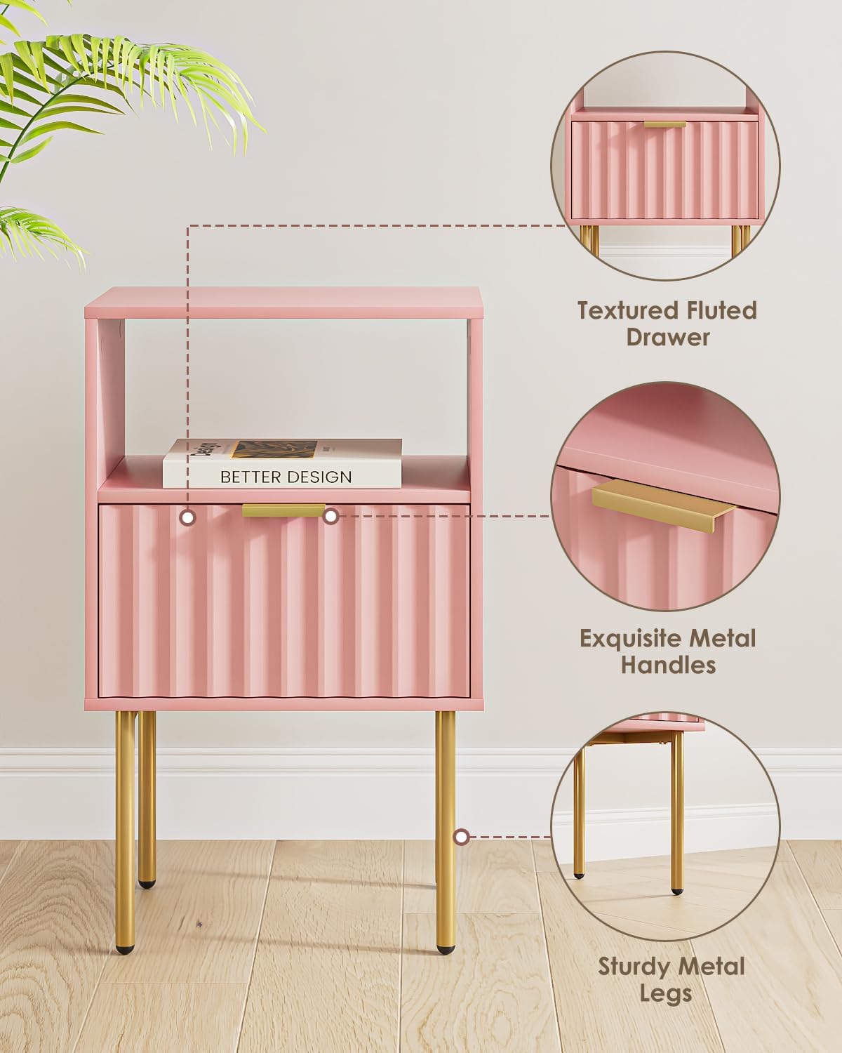 Nightstand,Modern Bedside Table with Gold Frame,White Night Stand,Bedside Furniture, Modern Side Table with Drawer and Shelf for Bedroom,Living Room (Pink)