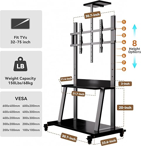 Miniatura 5 de Soporte de TV móvil con ruedas, carrito de TV rodante con almacenamiento máximo para pantallas planas de 75 pulgadas, soporte de TV con ruedas y