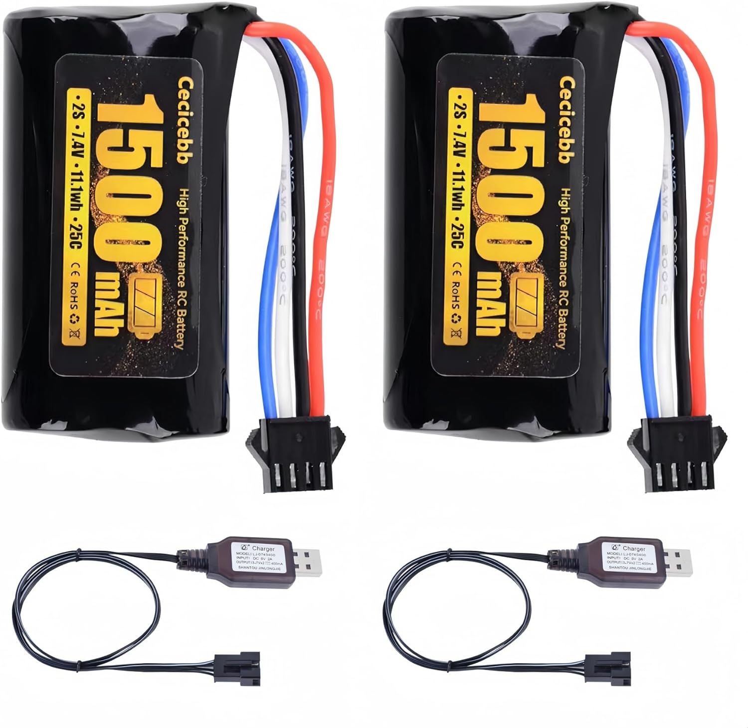 7.4V 1500mAh Li-ion Battery with SM-4P Plug for Huanqi 961 962 UDI902 UDI002 RC Boat 2 Pack with USB Charger(Not for Water Guns)