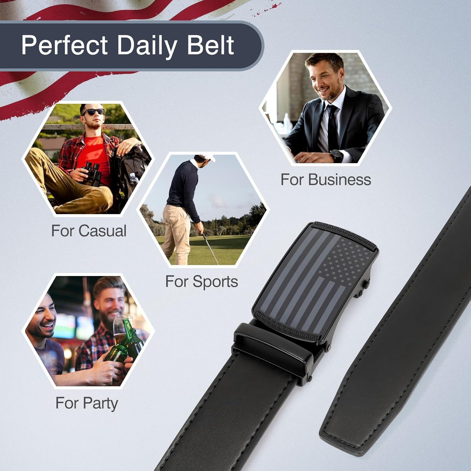 SANSTHS Golf Ratchet Belt for Men, Mens Belt Casual 1 1/3" Flag Pattern Auto Slide Buckle for Jeans - Image 5