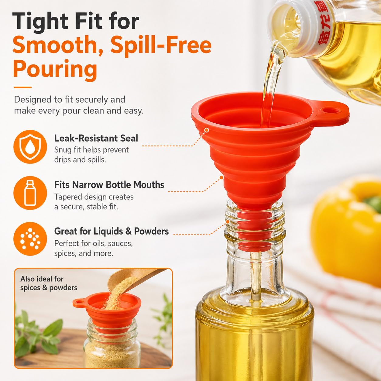Collapsible Silicone Kitchen Funnels, 4 Pack Food Grade Foldable Funnel Set, 2 Small & 2 Large Funnels for Bottles, Oil, Spice Jars, Liquid Transfer, Dishwasher Safe