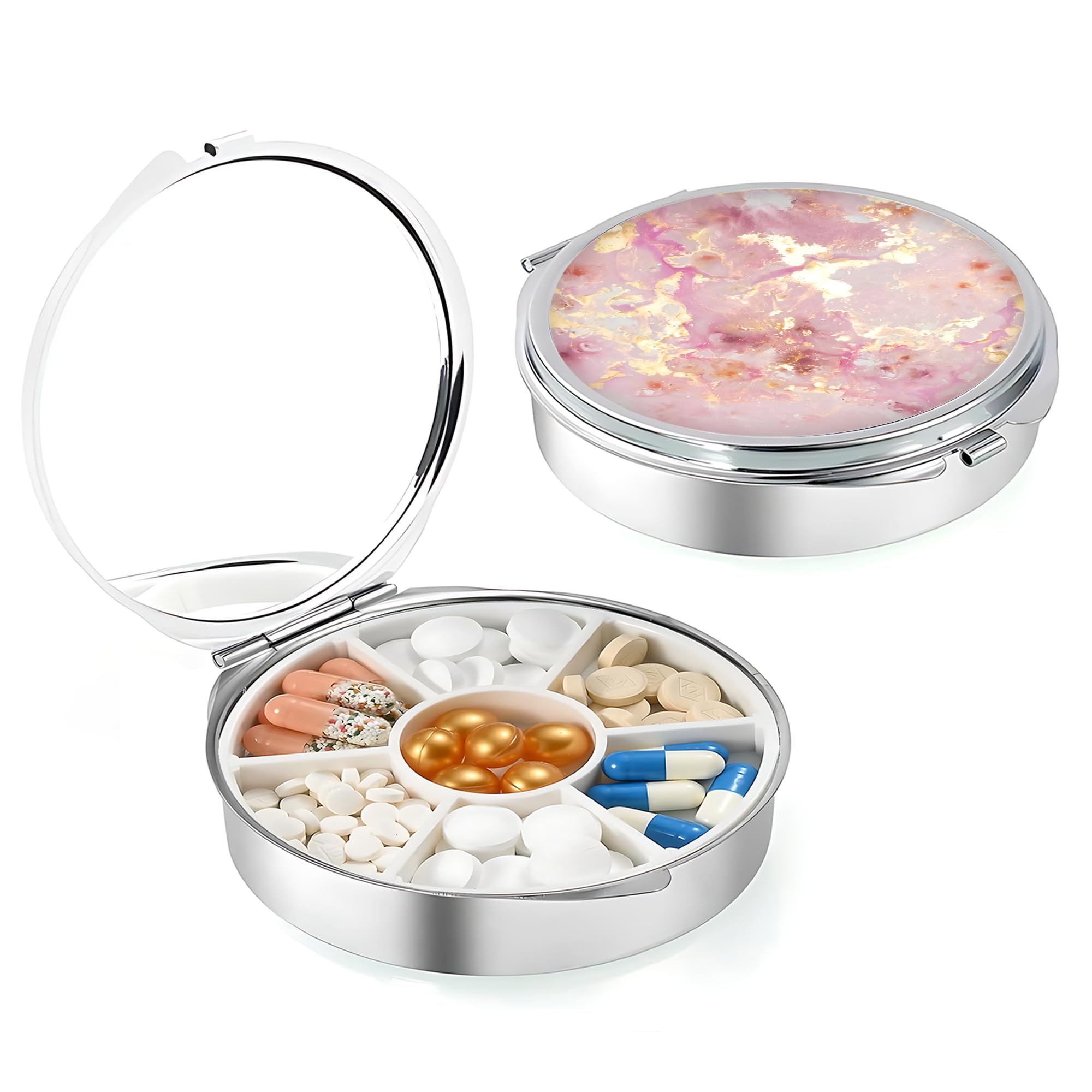 Mokiwala Weekly (7-Day) Pill Case, Medicine Planner, Vitamin Organizer Box, Portable Daily Pill Box with Compartments,Pocket Purse Metal Medicine Organizer Unique Gift,Rose Gold Marble
