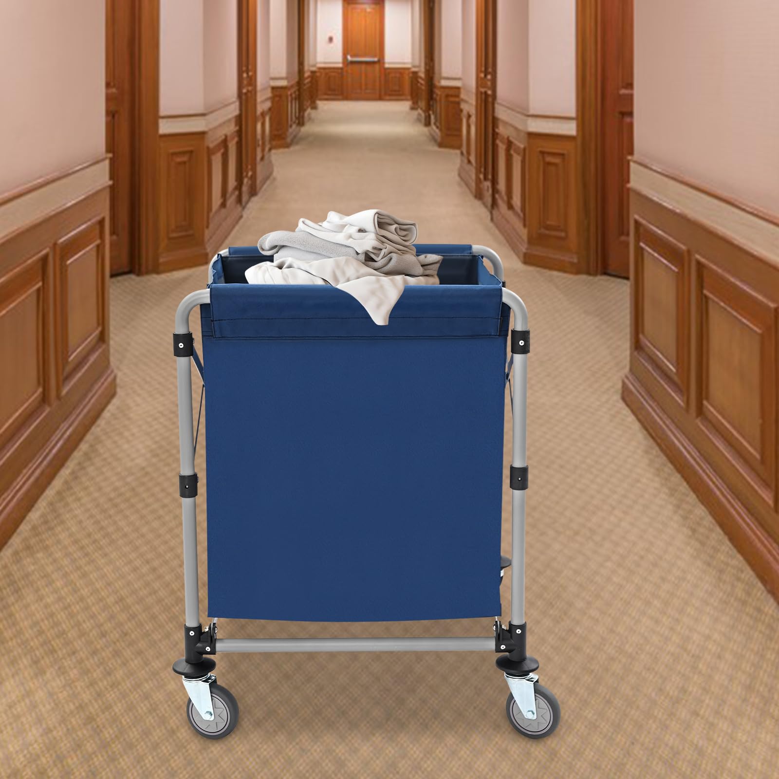 Carrito de lavandería de acero inoxidable, para el hogar, hotel, lavandería, comercial, grande, plegable, con ruedas, estable, resistente al agua, para el hogar, hotel, lavandería, comercio, amarillo