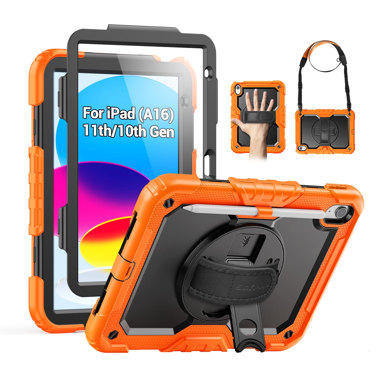 Photo 1 of ***missing strap*** SEYMAC Case for iPad (A16) 11th/10th Generation 2025/2022 (11?/10.9?), Sturdy Heavy Duty Full-Body Shockproof Protective Case with Screen Protector, Rotating Stand, Hand/Shoulder Strap, Black/Orange