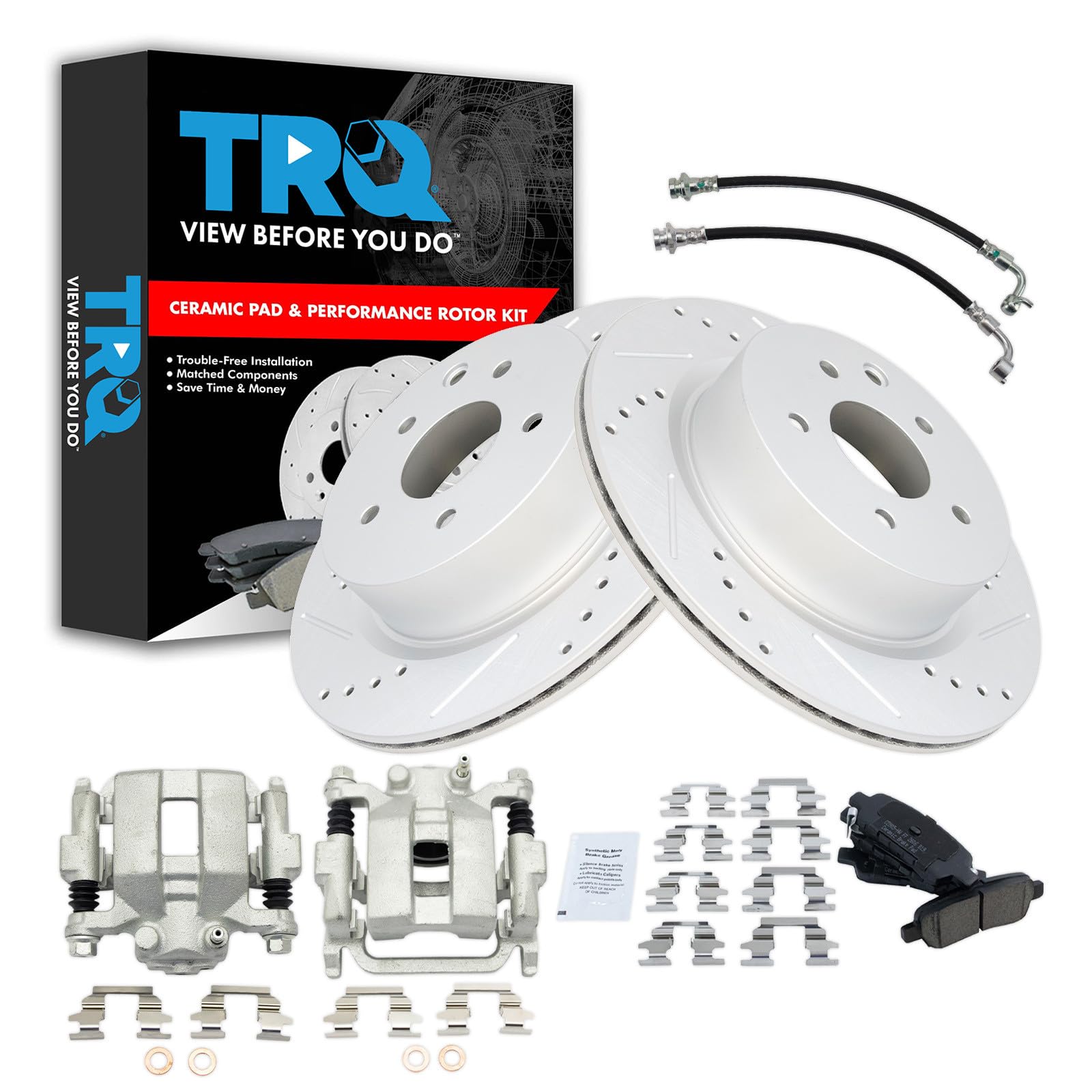 TRQ Performance Rear Brake Pad and Rotor Set Ceramic Drilled Slotted Coated Rotors Calipers Compatible with 2005-2007 Infiniti G35 2006-2008 Nissan 350Z