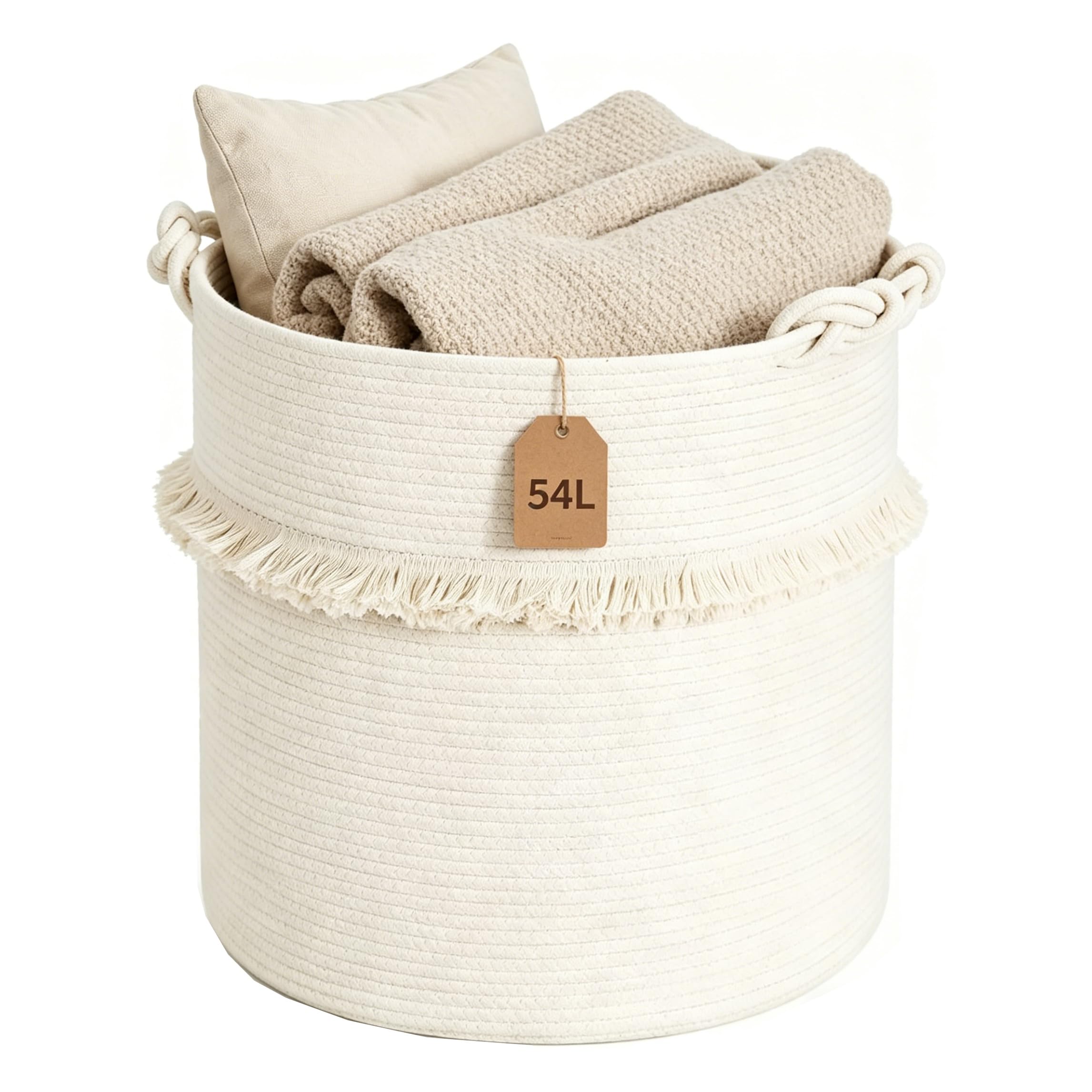 Cotton Rope Basket 54L Extra Large Storage Basket with Handles, Foldable Toy Storage Baskets Soft Woven Storage Basket for Blankets, Toys, Clothes, Shoes - White Tassel - 40x43cm / 16x17 in