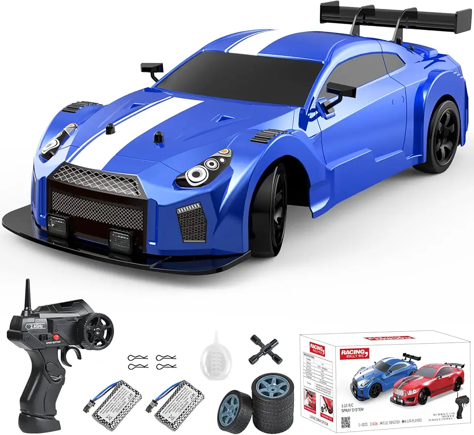 Dollox RC Drift Car 1/16 Scale Remote Control Car 2.4GHz 4WD High Speed 18+KM/H Vehicle with LED Lights and Spray, Extra Drifting Tires Racing Vehicle Toys Birthday Gifts for Adults Boys, 2 Batteries