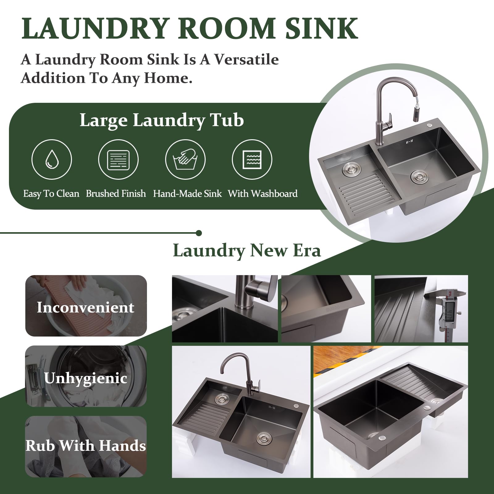 Fregadero multiusos de acero inoxidable con tabla de lavar integrada – 60 cm – Fregadero doble hecho a mano para lavandería, garaje y taller – Superficie texturizada negra