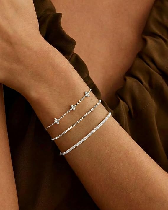 HANLI 3Pcs 14K Gold Plated/Silver Bracelets for Womens Bracelet Set | Stackable Layered Design,Mixed Chain Sets,Tarnish-Resistant,Nickel-Free,Brass Base, Hypoallergenic Material,Gift Package