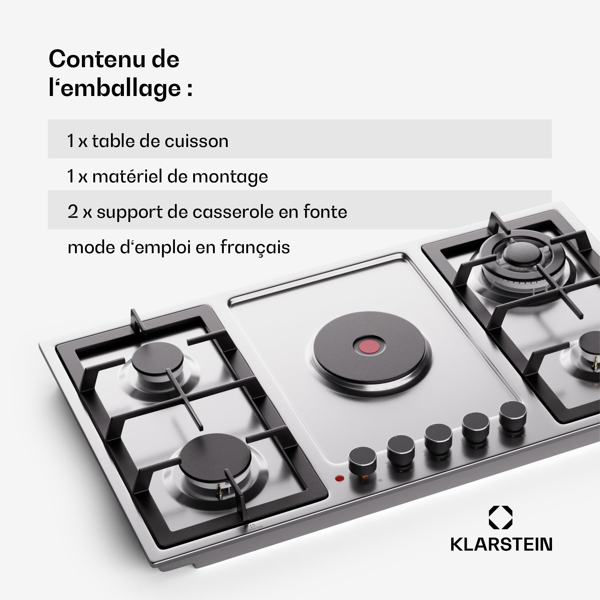 Klarstein MultiChef 5 Plaque De Cuisson Gaz Et Électrique, 4 Brûleurs Gaz & 1 Électrique, 10.1Kw, Acier Inoxydable, Allumage & Arrêt Automatique, Sécurité Enfants, Compacte 87X8X50Cm